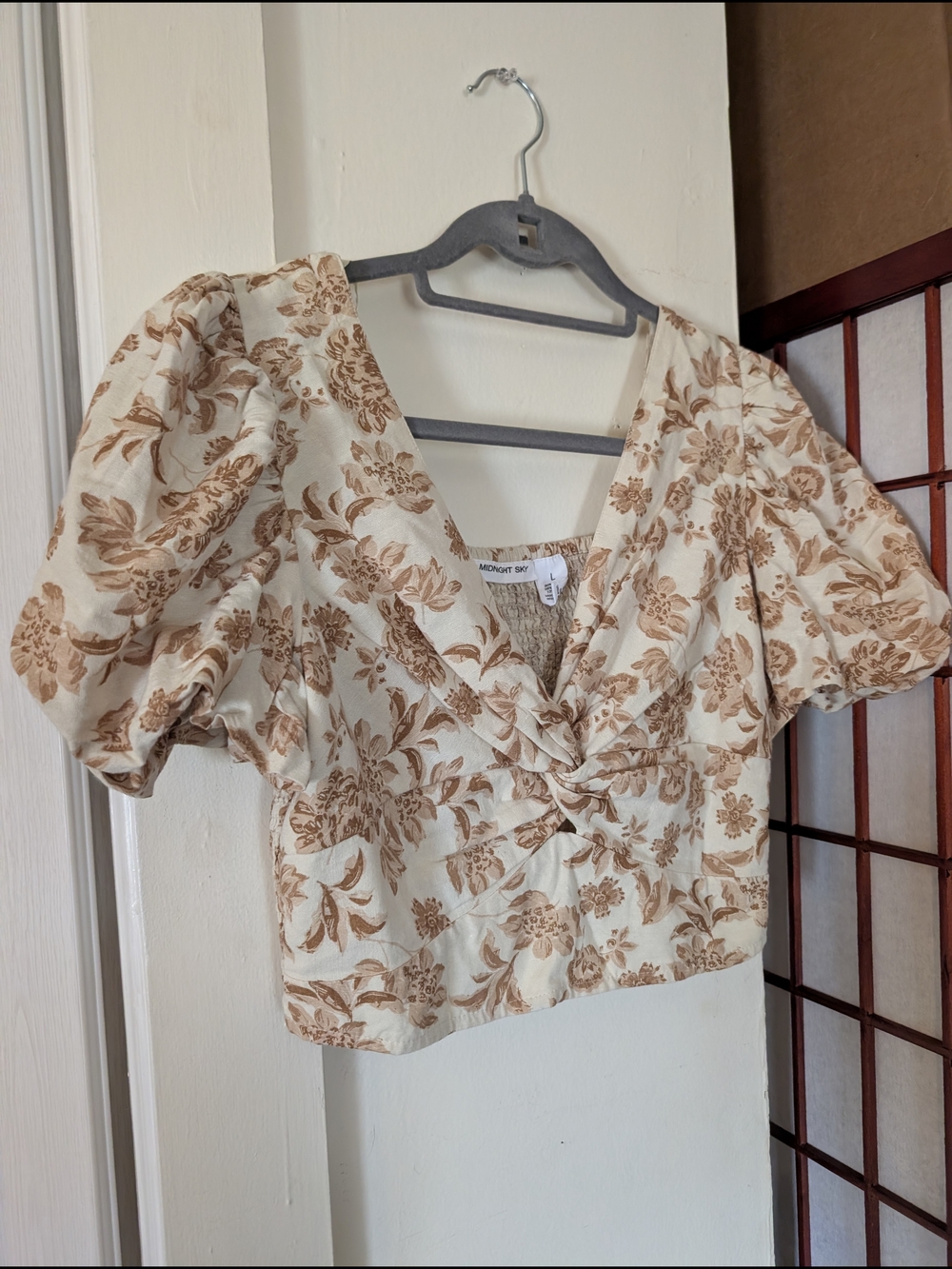 Cream and Brown Floral Crop Top Size Large